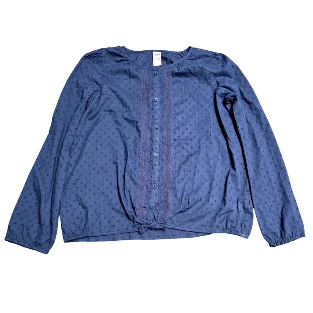 OshKosh Bgosh‎ Lace Trim Tie Front Blouse Girl's Size 14 14A Navy Blue Swiss Dot