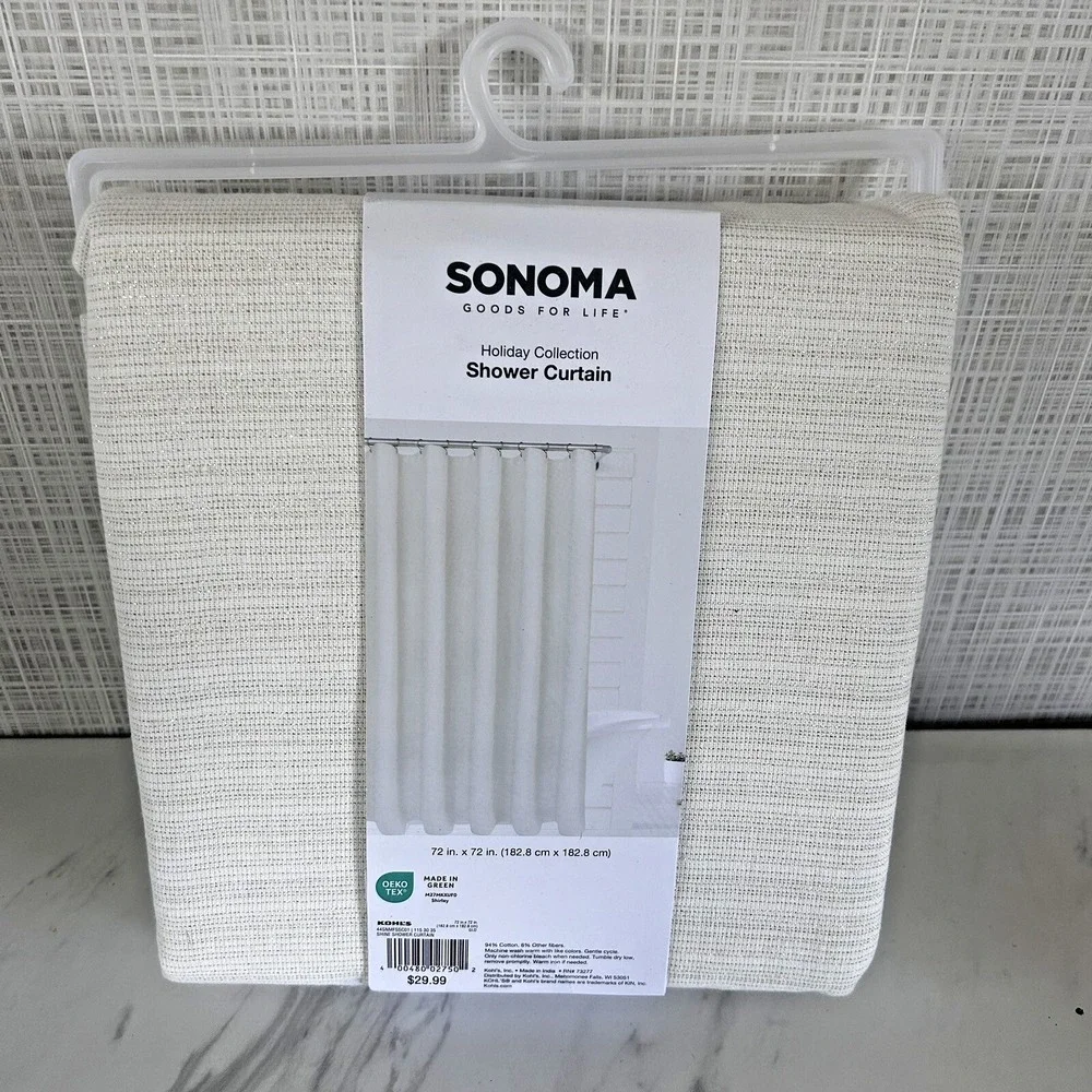 Sonoma Fabric Shower Curtain 72x72 Holiday Ivory Gold Thread Cotton Blend‎ Bxk