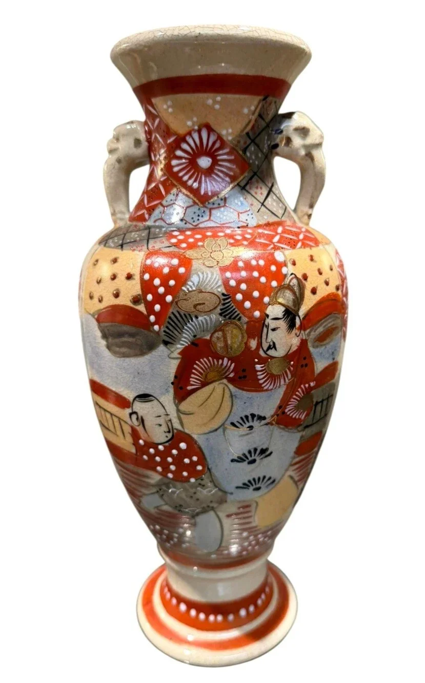 Antique Japanese Satsuma Moriage Figural Vase Elephant Handles 12