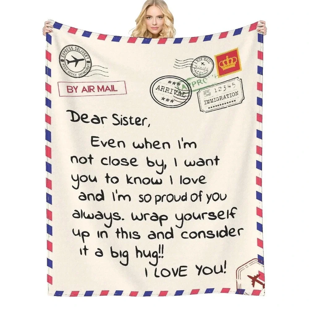 Dear Sister Airmail Letter Fleece Throw Blanket White‎ Red Blue 50x60 Gift Throw