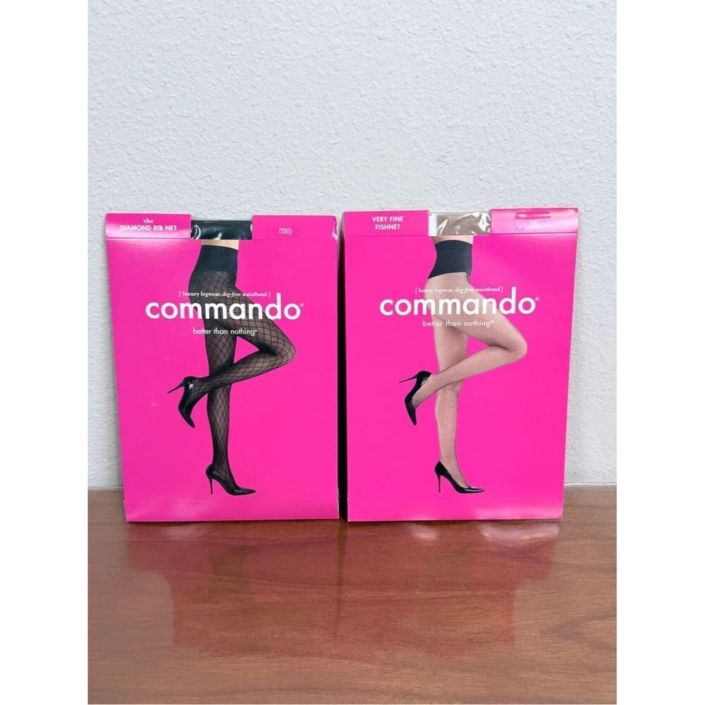 2 Commando Legwear Tights Black Diamond & Buff Very Fine Fishnet L NWT