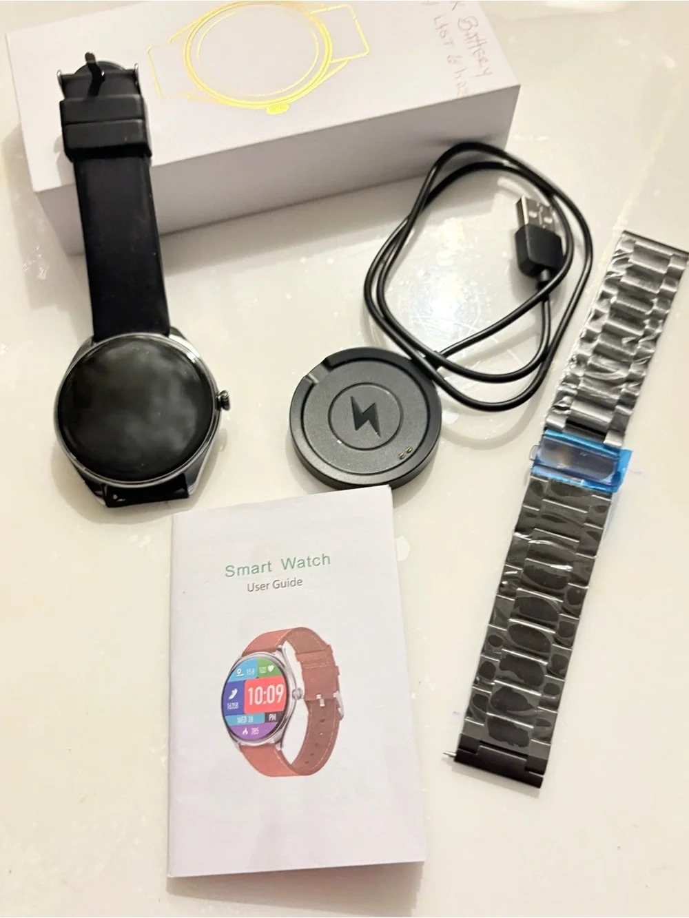 Smart Watch with Black Silicone Strap and Silver Metal Band