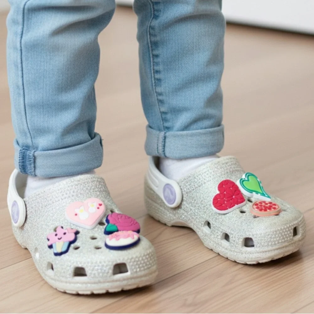 CROCS Kids Silver Glittery with Jibbitz - hearts, pizza, rose, donut & cupcakes