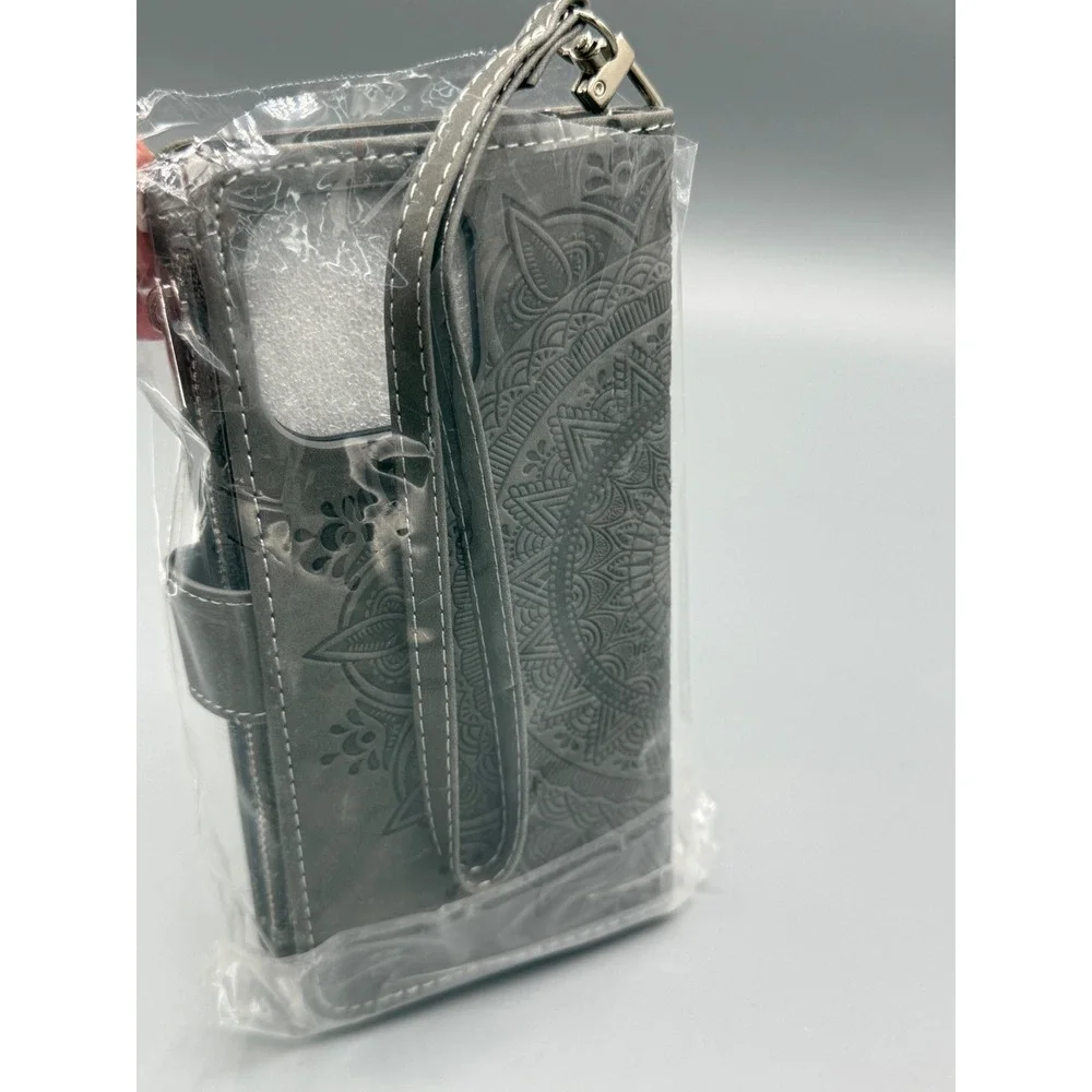 Grey Mandala Embossed Wallet Case for iPhone‎ 13 Pro Max with Zipper & Wristlet