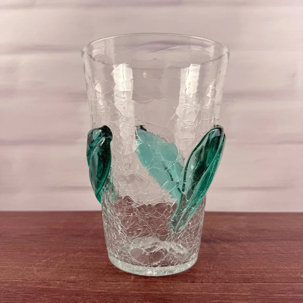 Blenko 366SL Leaf Beaker Vase Sea Green Crackle Glass Mid Century