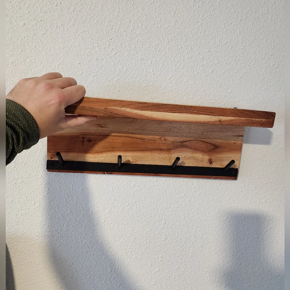 Solid Wooden Shelf with Metal Hooks