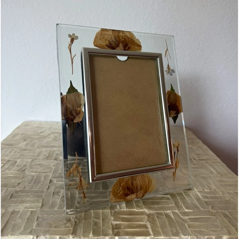 Glass Dried Pressed Flower Floral Photo Frame Clear/Silver Freestanding