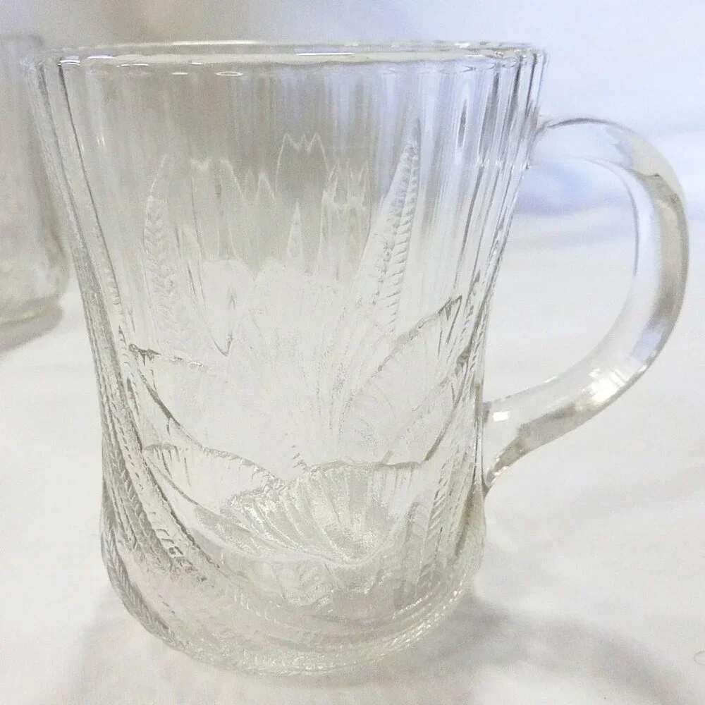 Vtg Arcoroc Canterbury crocus mug‎ clear glass coffee cup ribbed France set of 5