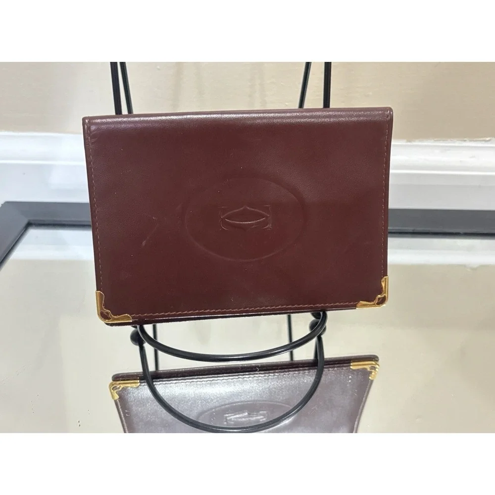 Cartier Card Case Unisex OS Bordeaux Must de Cartier Leather Gold Corners Vtg