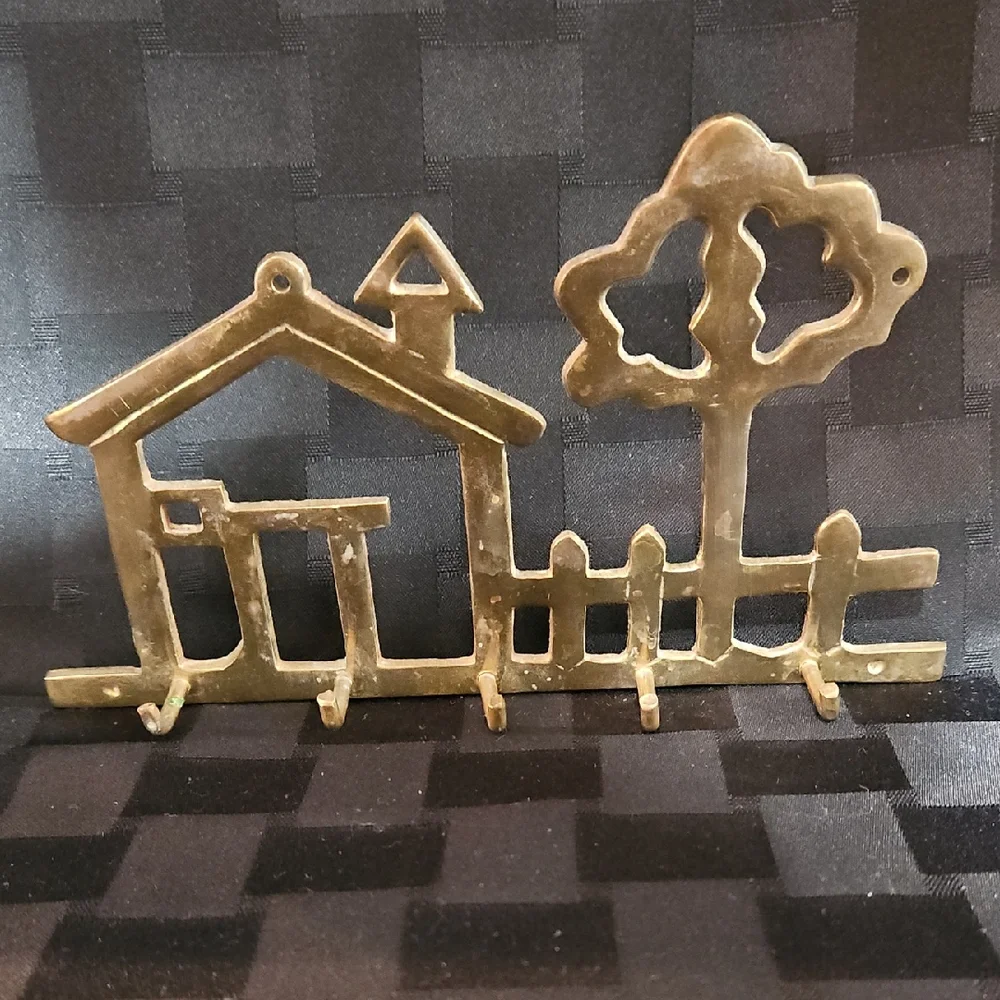 Vintage Solid Brass House & Tree Wall Key Holder Rack, 5 Hooks
