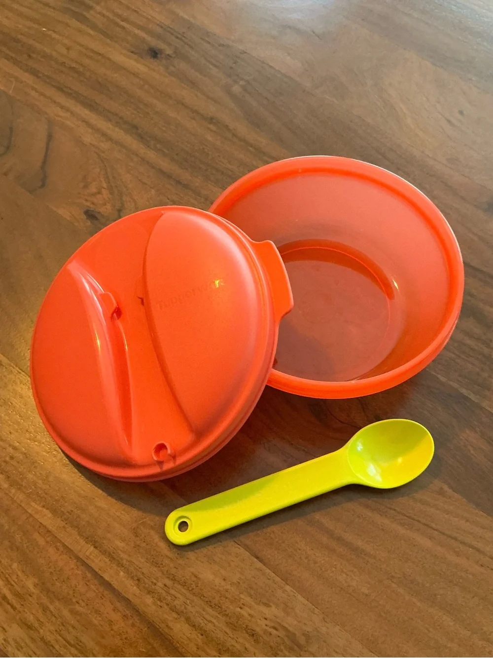 Tupperware Lunch Bowl with Yellow Spoon - Coral Orange