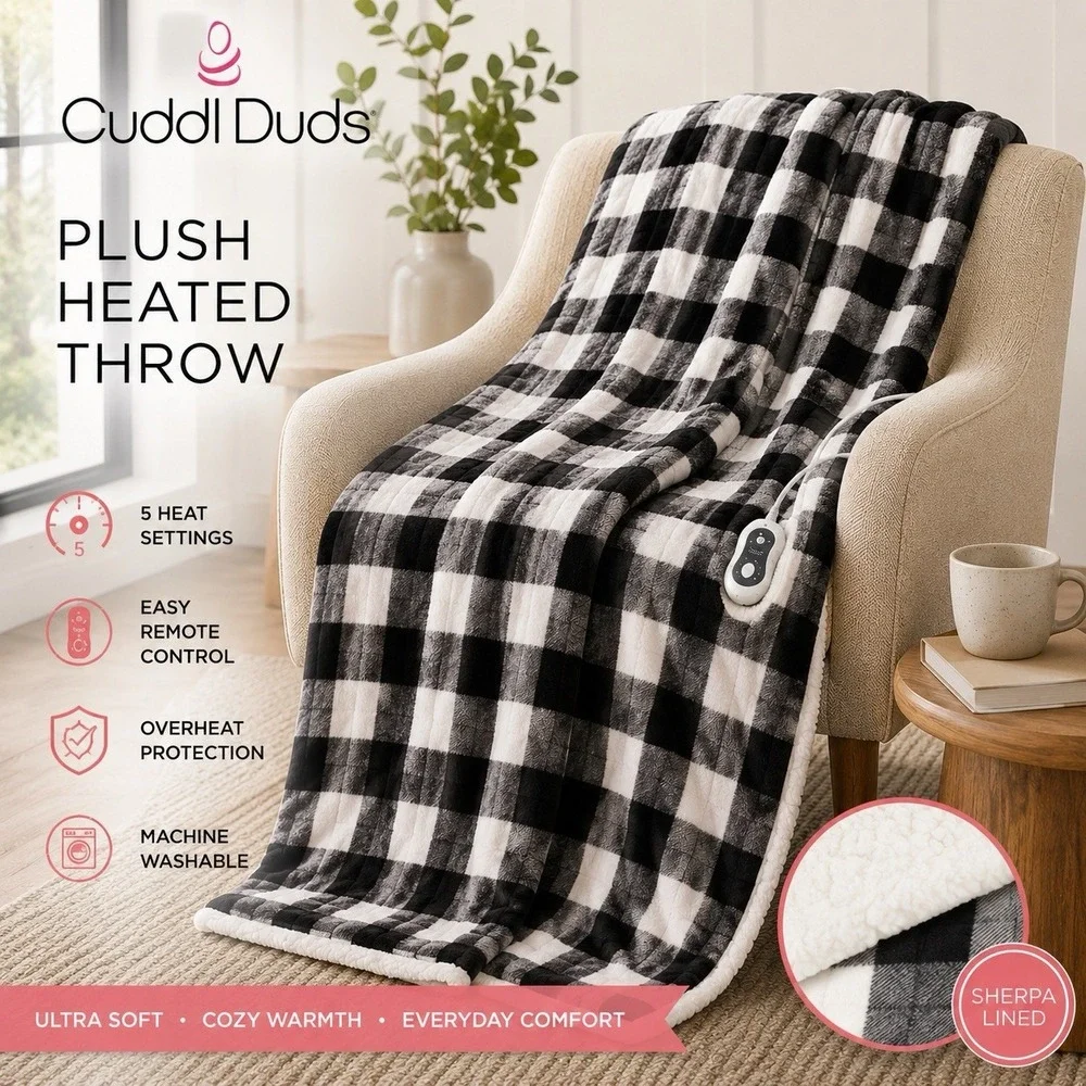 Cuddl Duds Plush Heated Throw Blanket Black White‎ Buffalo Check Hygge Farmhouse
