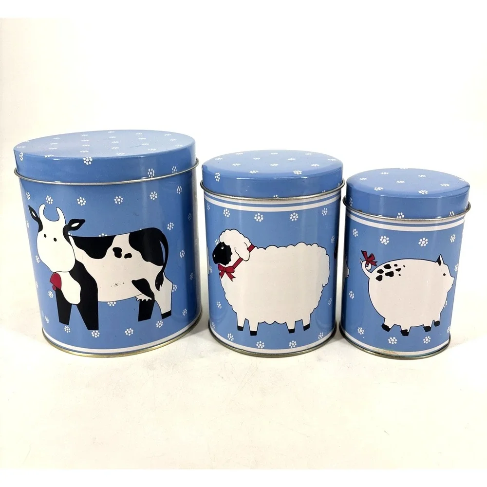 VTG Farm Nesting Tin Canisters set of 3 Cow Sheep‎ Pig Grandma Cottage Core Blue