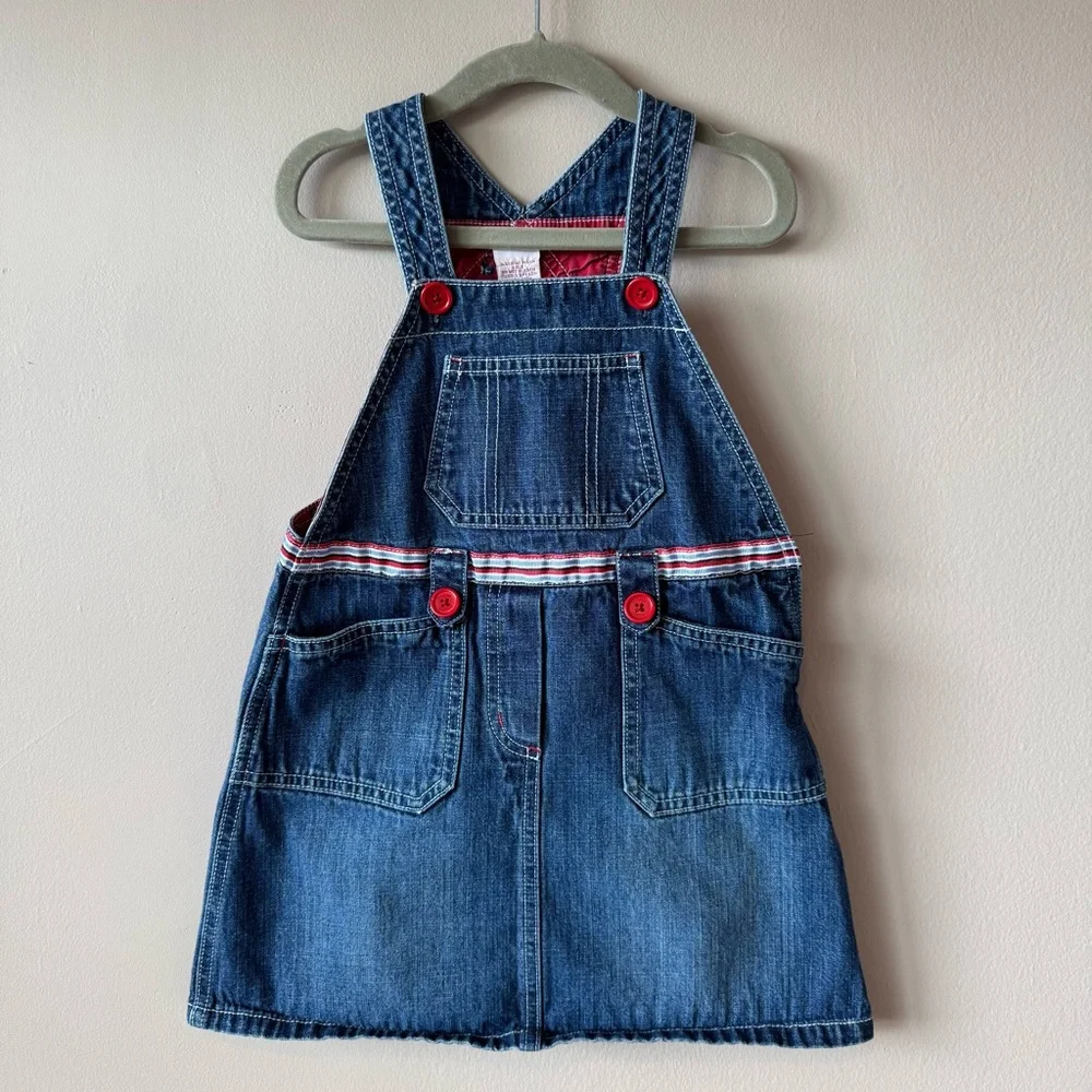 Vintage 2003 Gymboree Toddler Red Buttons Blue Denim‎ Overalls Dress Size 4