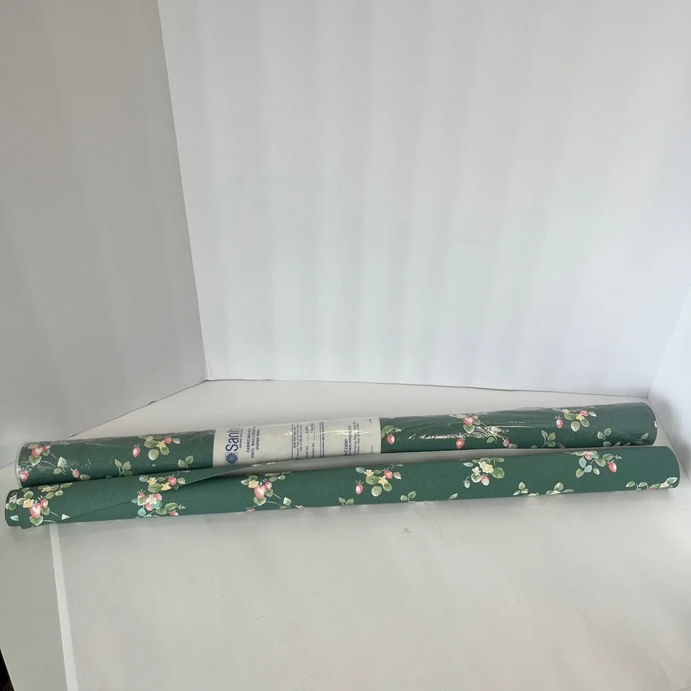 Vintage Sanitas Strawberry Floral Wallpaper Green Vinyl Fabric Backed‎ 2 Rolls