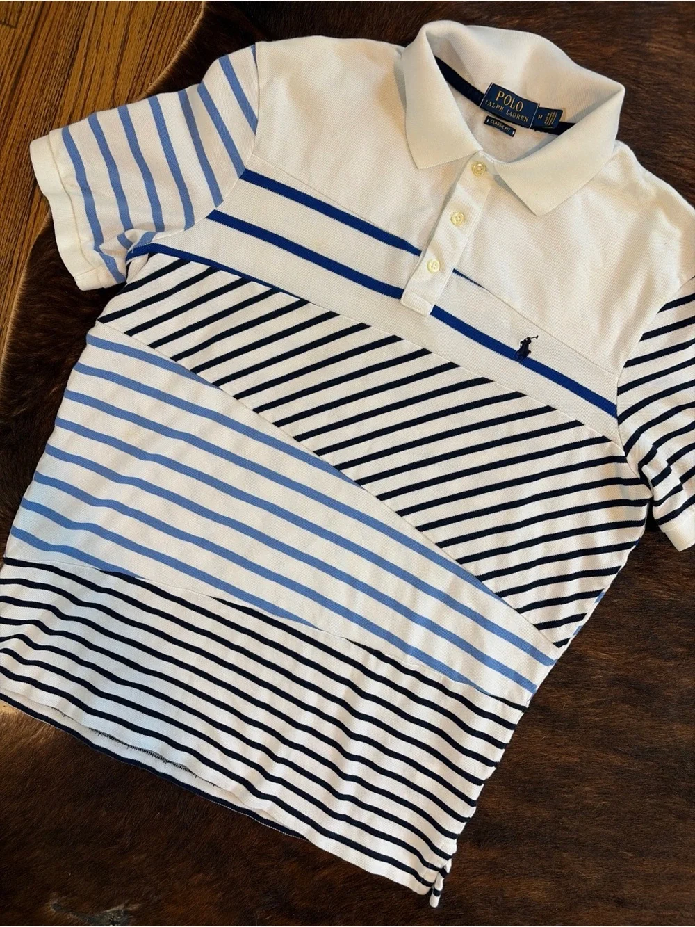 Polo Ralph Lauren Mens M Classic Fit Patchwork Stripe Polo Shirt Blue White Pony
