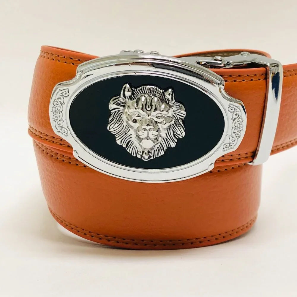 Automatic Silver Lion Designer‎ Buckle Men's Orange Ratchet Genuine Leather Belt