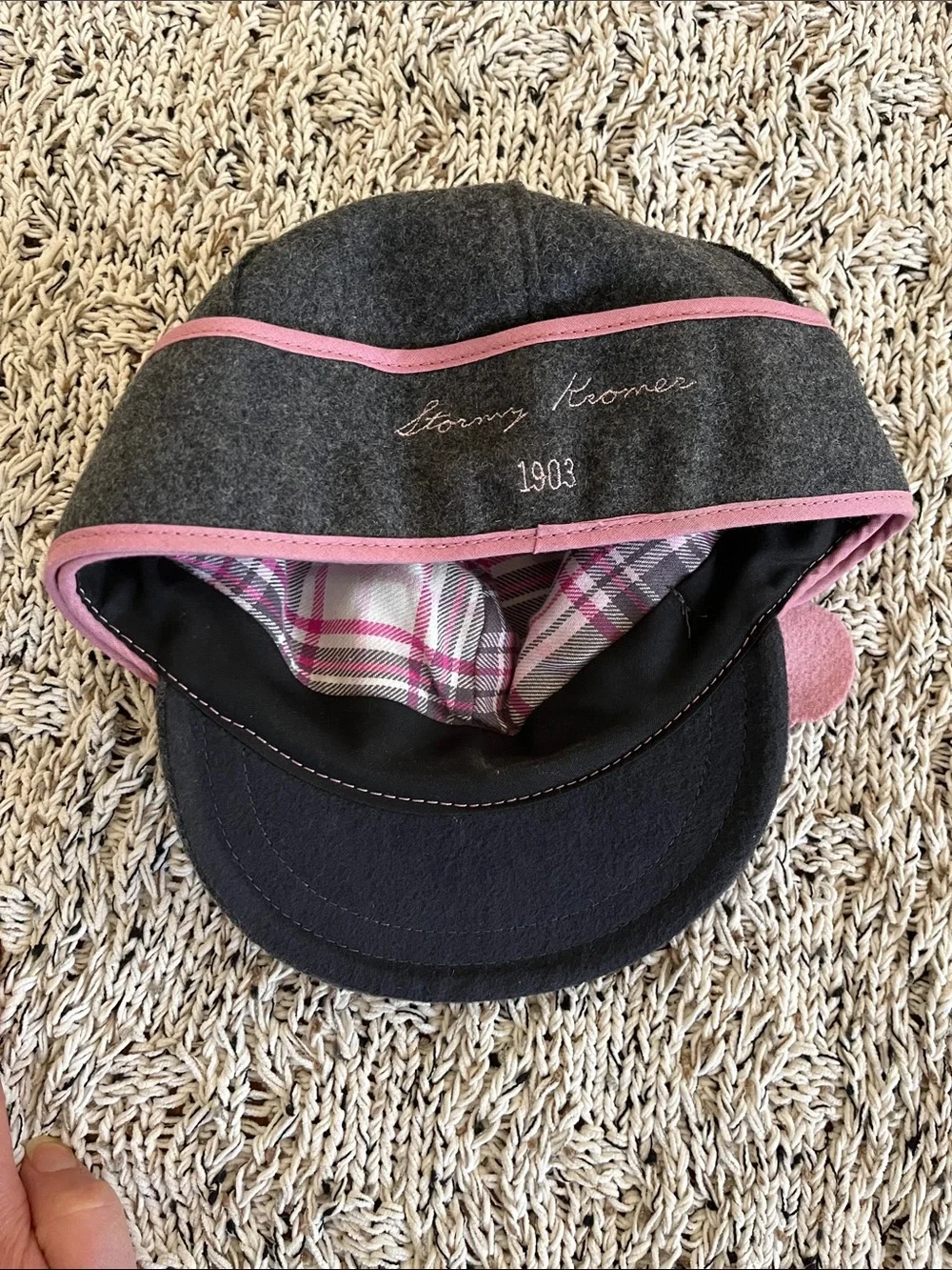 Girls Charcoal Wool Cap with Pink Flower Accent