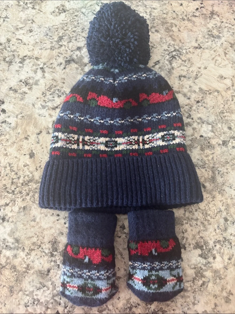 GAP Navy Pom Pom Beanie and Mittens Set with Red and Green Fair Isle