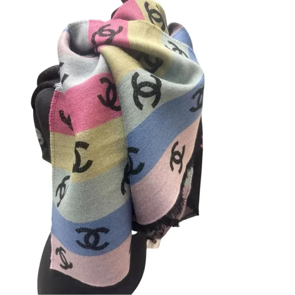 NWT Chanel Rainbow Shine Reversible CC Logo Cashmere Wool Silk Wrap Scarf 2024