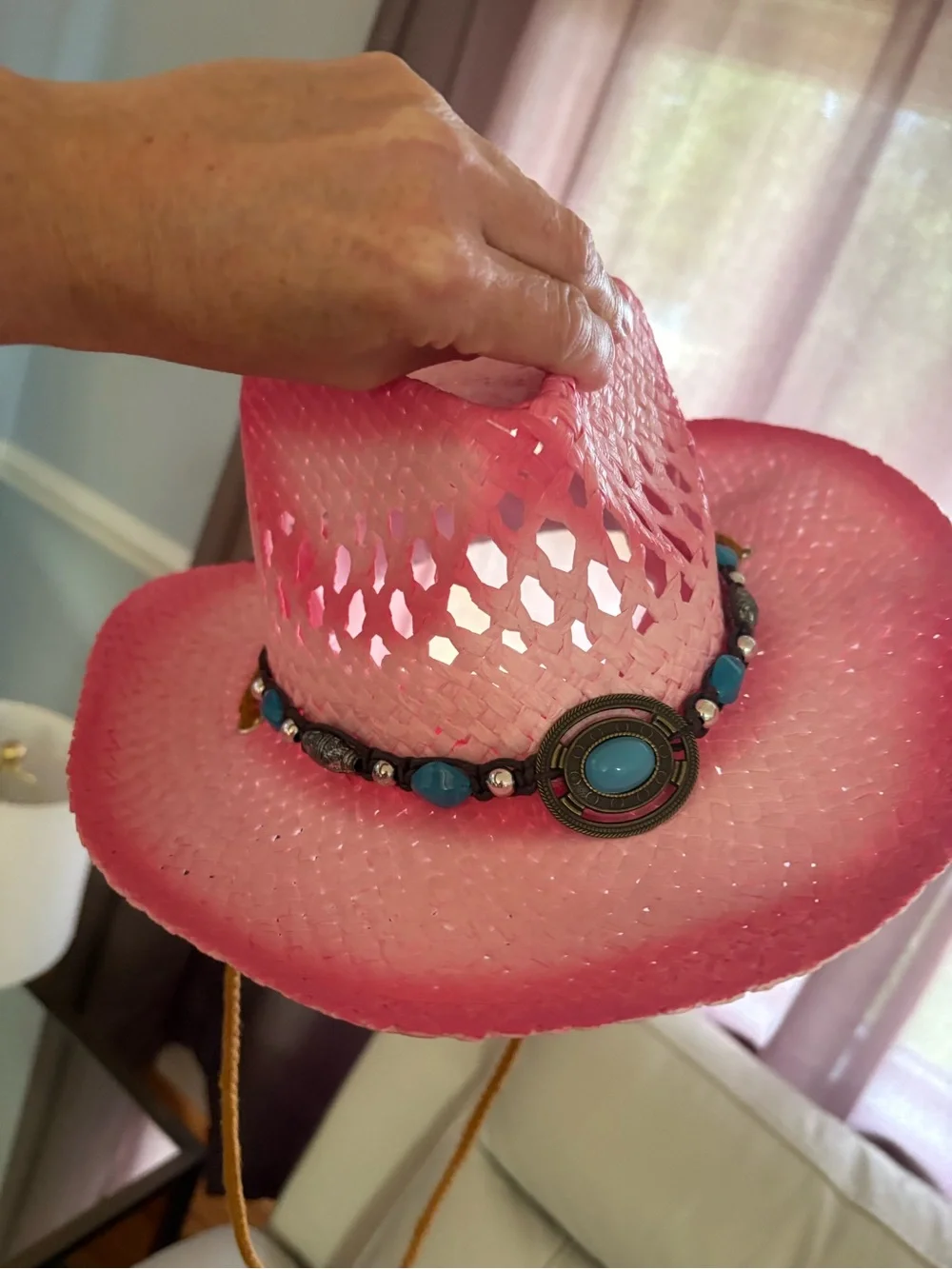 Pink Beaded Straw Cowgirl Hat with Turquoise Accents
