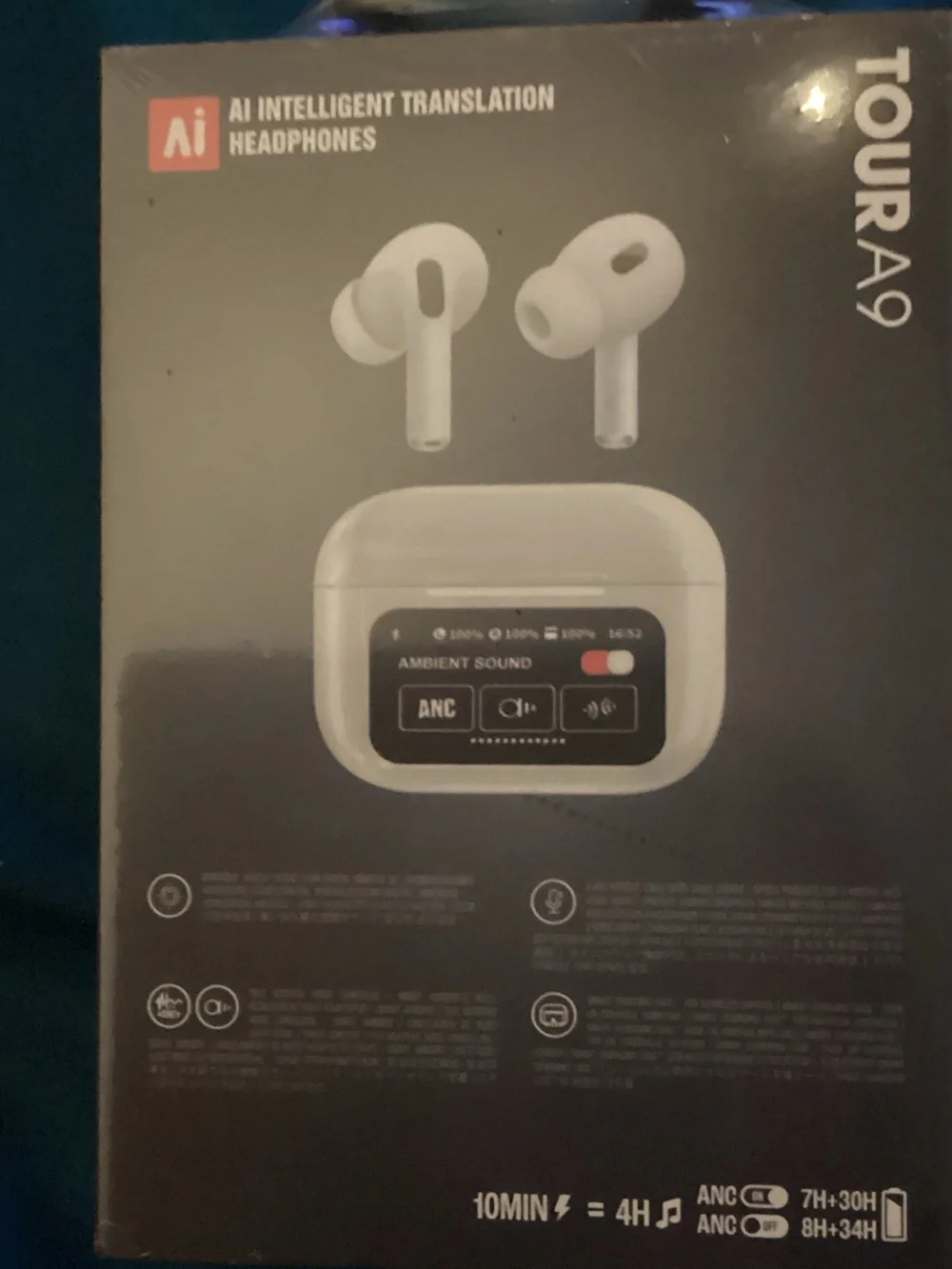 TOUR A9 White Wireless AI Translation Earbuds with Charging Case