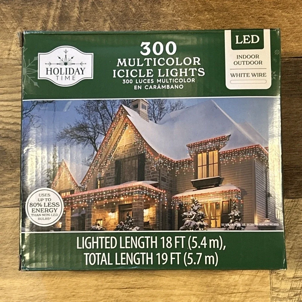 Holiday Time 300 Ct Multicolor‎ Icicle Christmas Lights White Wire 18 Ft New