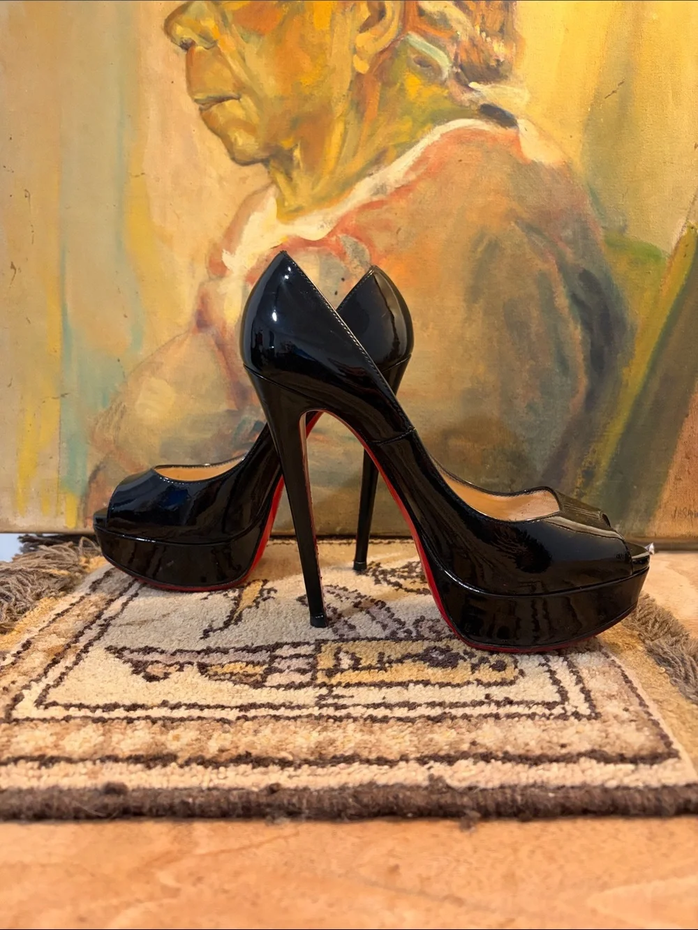 Christian Louboutin Black Patent Peep-Toe Platform Pumps SZ 36.5