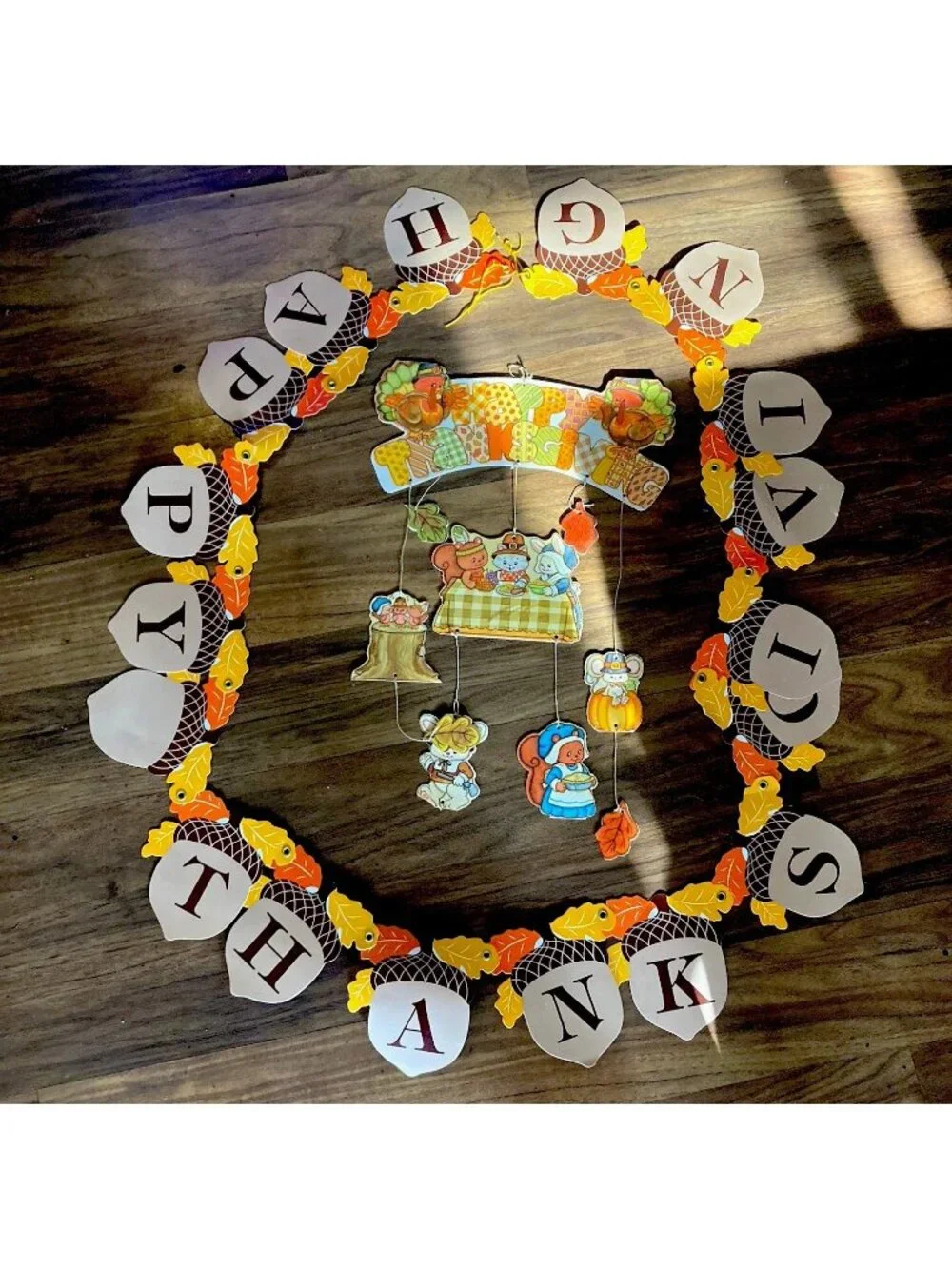 VTG Happy Thanksgiving Letter Garland w Leaf Acorn Cutouts Hanging 2 pc 1980’s
