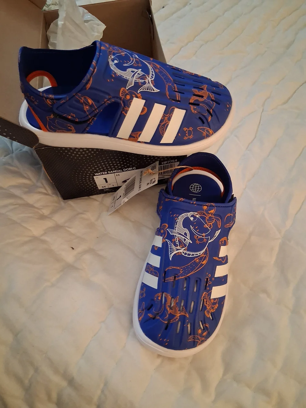Disney Adidas Dori Kids Blue Water Sandals with Orange Fish Print