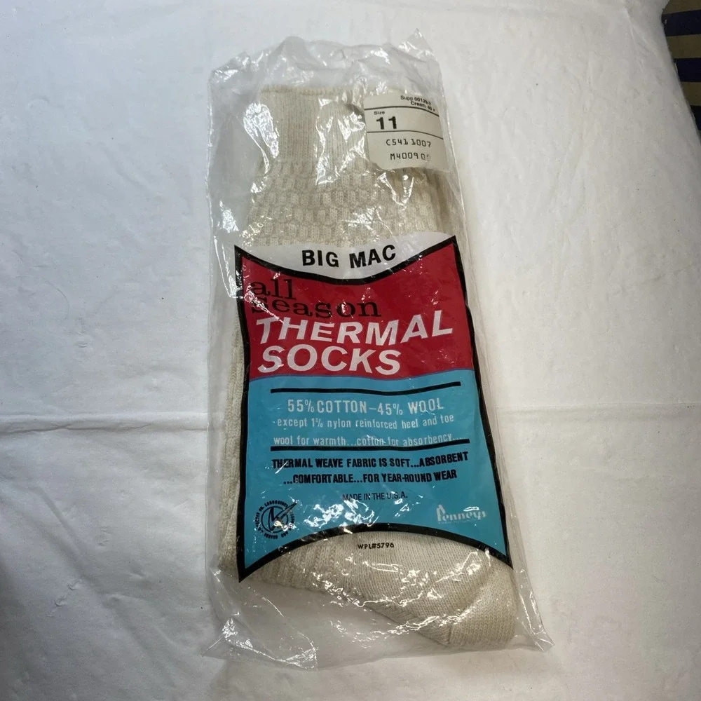 VINTAGE J C PENNEYS BIG MAC ALL SEASON THERMAL SOCKS SIZE 11 COTTON WOOL NOS‎