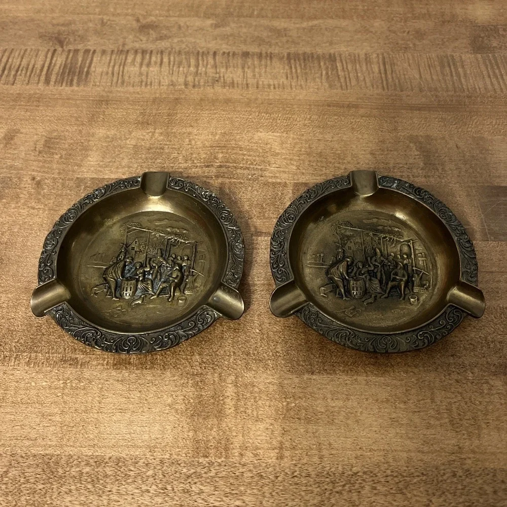 Vintage Lot Of 2 Brass Cigar Ashtray‎ Ornate Grape Wine Celebration Scene