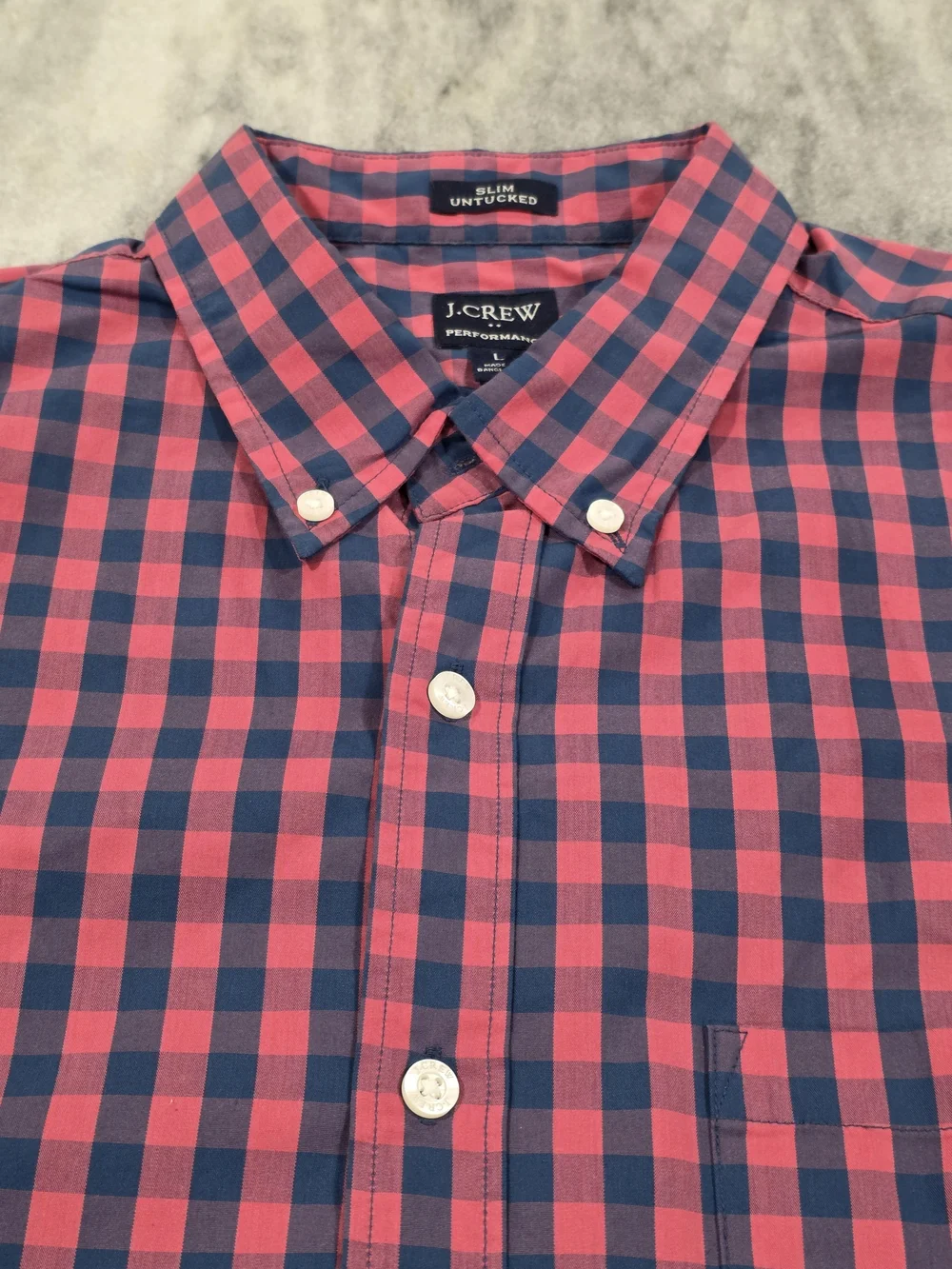 (L) Men's J. Crew Performance Slim Untucked Button Up Shirt Red Blue Checkered