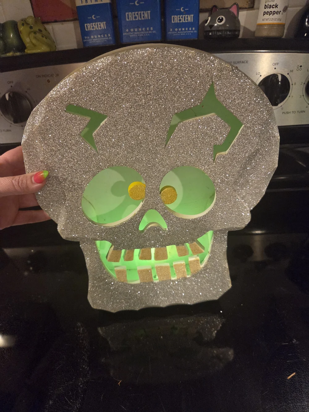 Glitter Skull Party Decoration with Green LED Glow