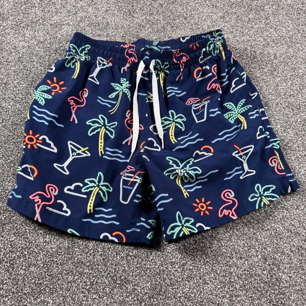 Chubbies Swim Trunks Mens Small Navy‎ Neon Flamingo Palm Tree 5.5 Inseam Shorts