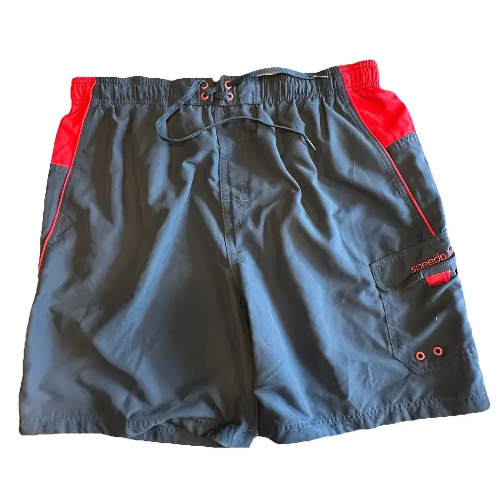 Speedo Mens 2XL Gray Red Cargo Drawstring Board Shorts Swim Trunks‎