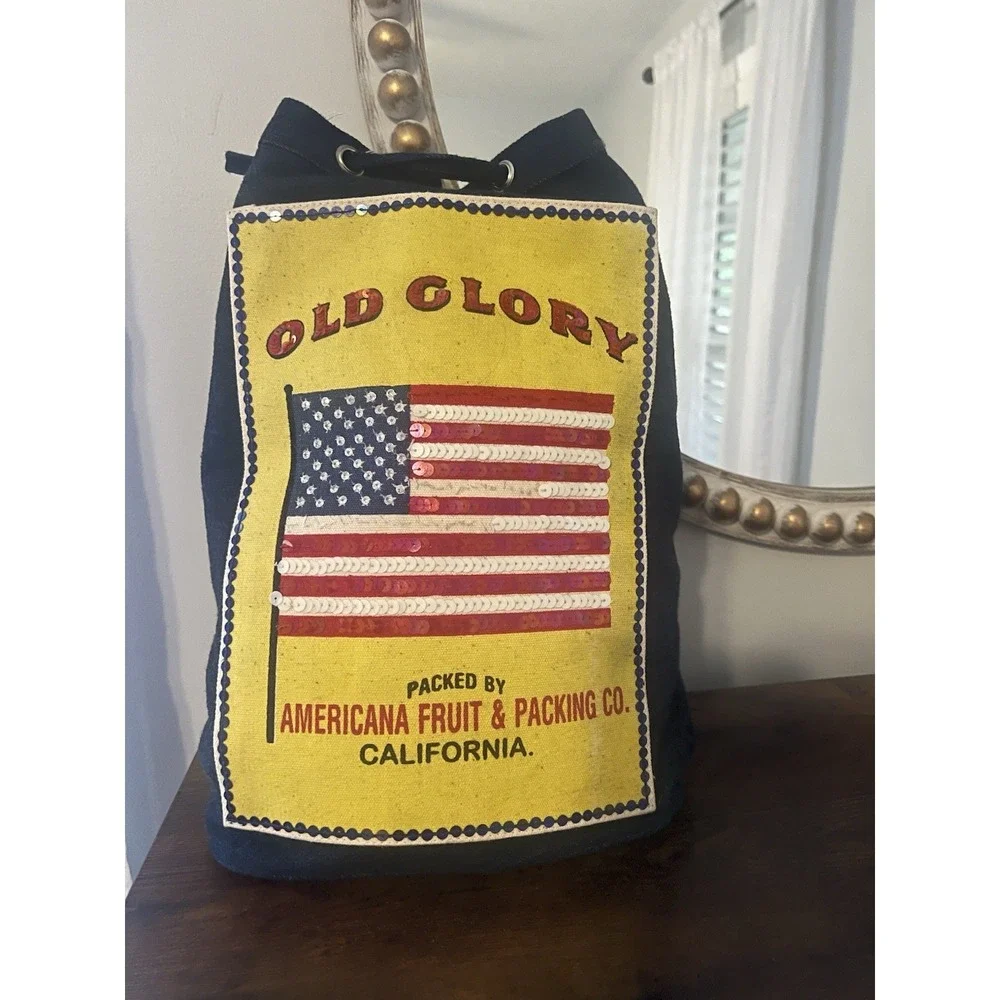 Americana Fruit Packing Co Sequin‎ Flag Canvas Drawstring Backpack