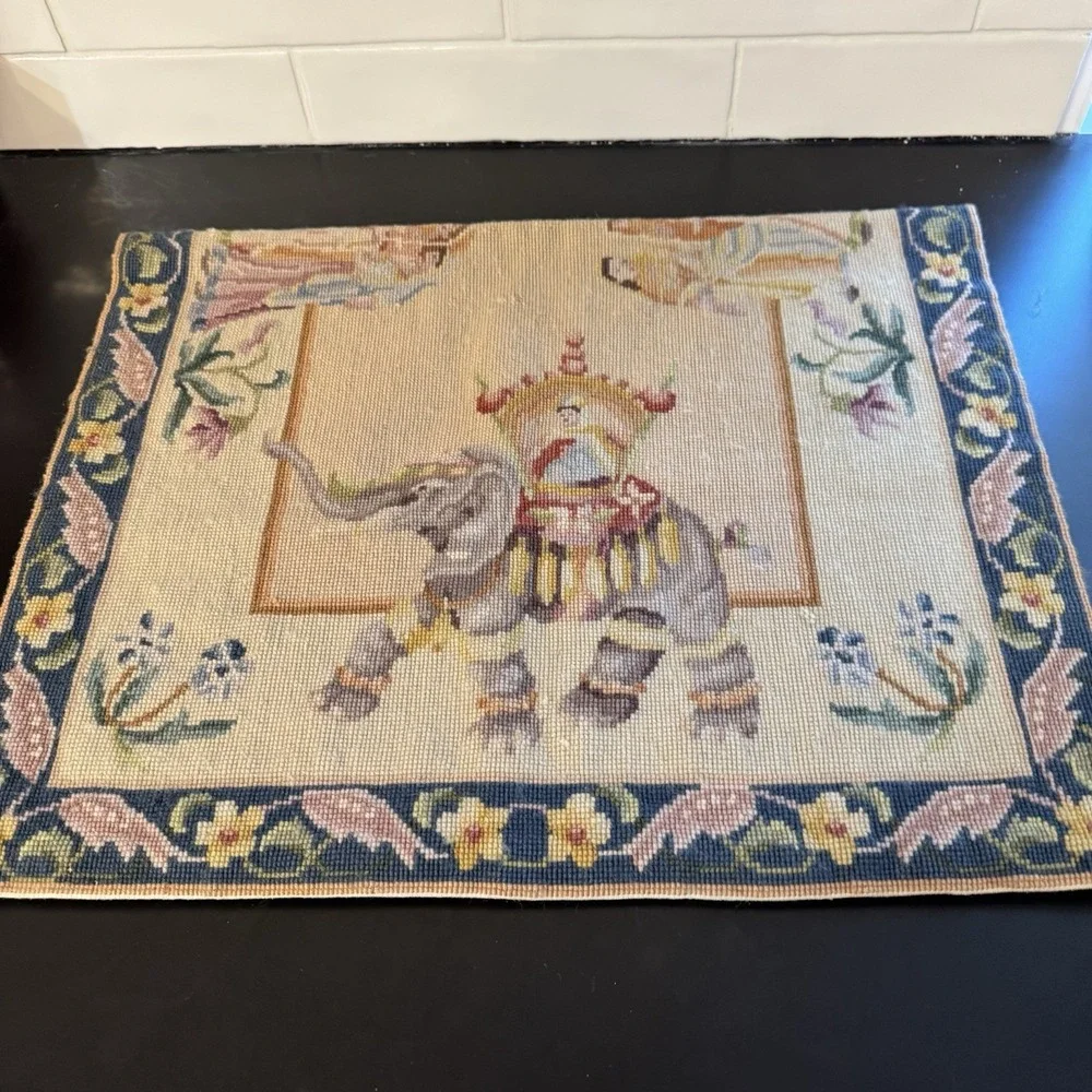 Vintage Tapestry Rug Adorned Elephant Pictorial Indian Motif Handmade 21.5x34