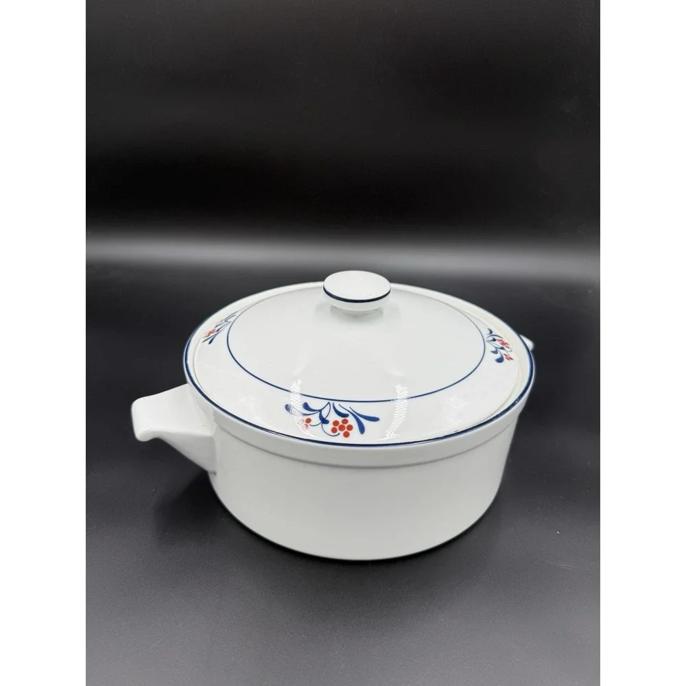 Porcelain Covered Casserole Blue Rim Red Berry Floral Vintage Made in Japan