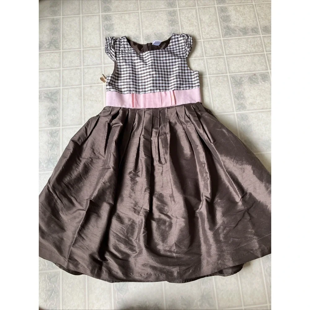 Gymboree Celebrate‎ Spring brown gingham pleated silk dress girl size 10 Modest