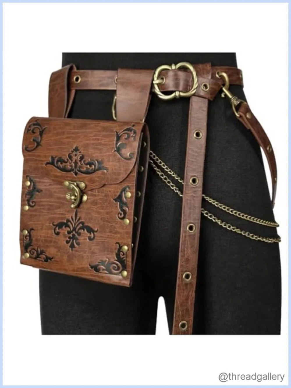 Medieval Vintage Faux Leather Belt with Pouch & Chains Adjustable Costume Belt