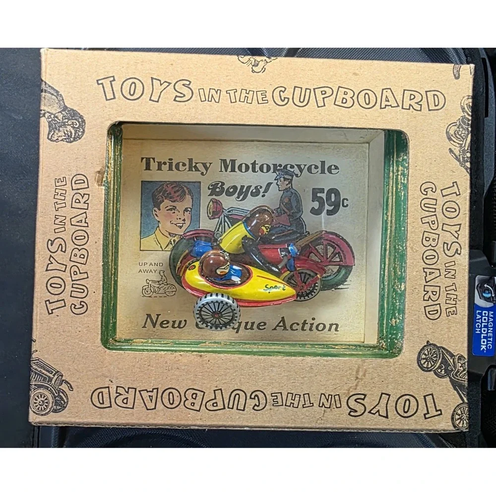 Vintage Toys In The Cupboard Vandor Tricky Motorcycle Tin Litho Shadow Box Art