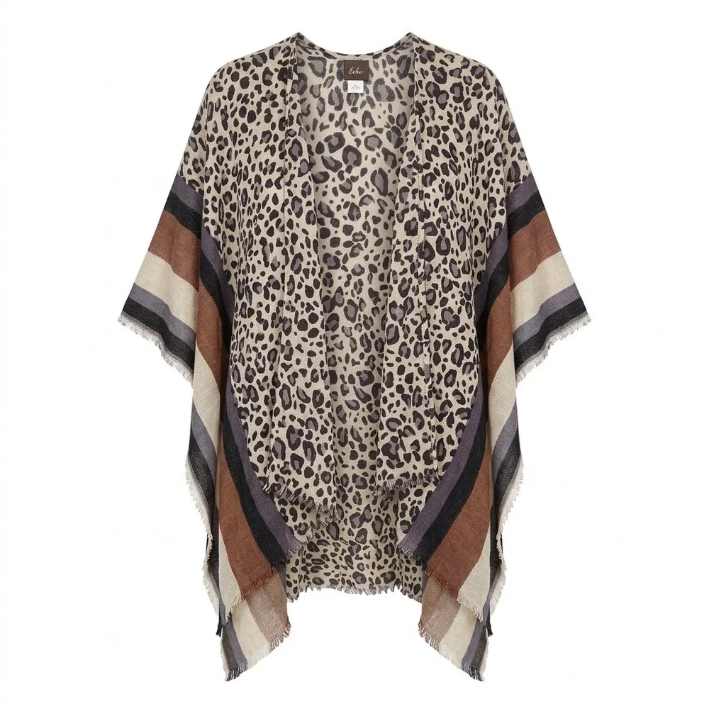 Echo Leopard Print Striped Poncho Shawl Viscose Wool Blend Wrap One Size