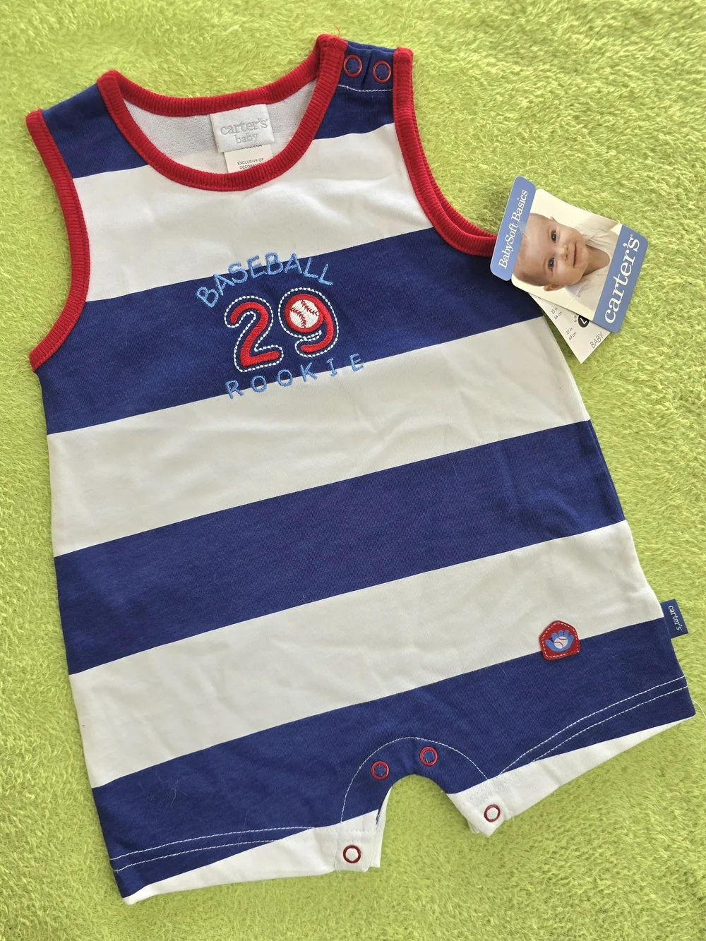 NWT 3-6M Baby BOYS Short ROMPER Red White & Blue STRIPED BASEBALL COTTON (Q3)