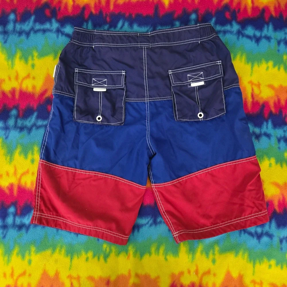 Superdry Mens XL Swim Trunks Colorblock Board Shorts Navy Blue Red Logo Cargo