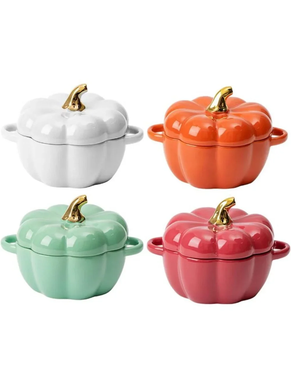 Set of 4 Pumpkin Ceramic Ramekins with Lids & Handles - Oven Safe Casserole