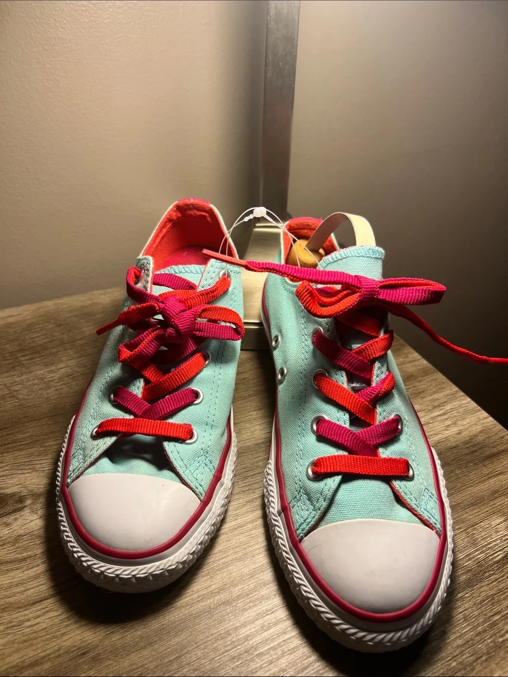 Converse Mint Green Low-Top Sneakers with Pink and Red Laces