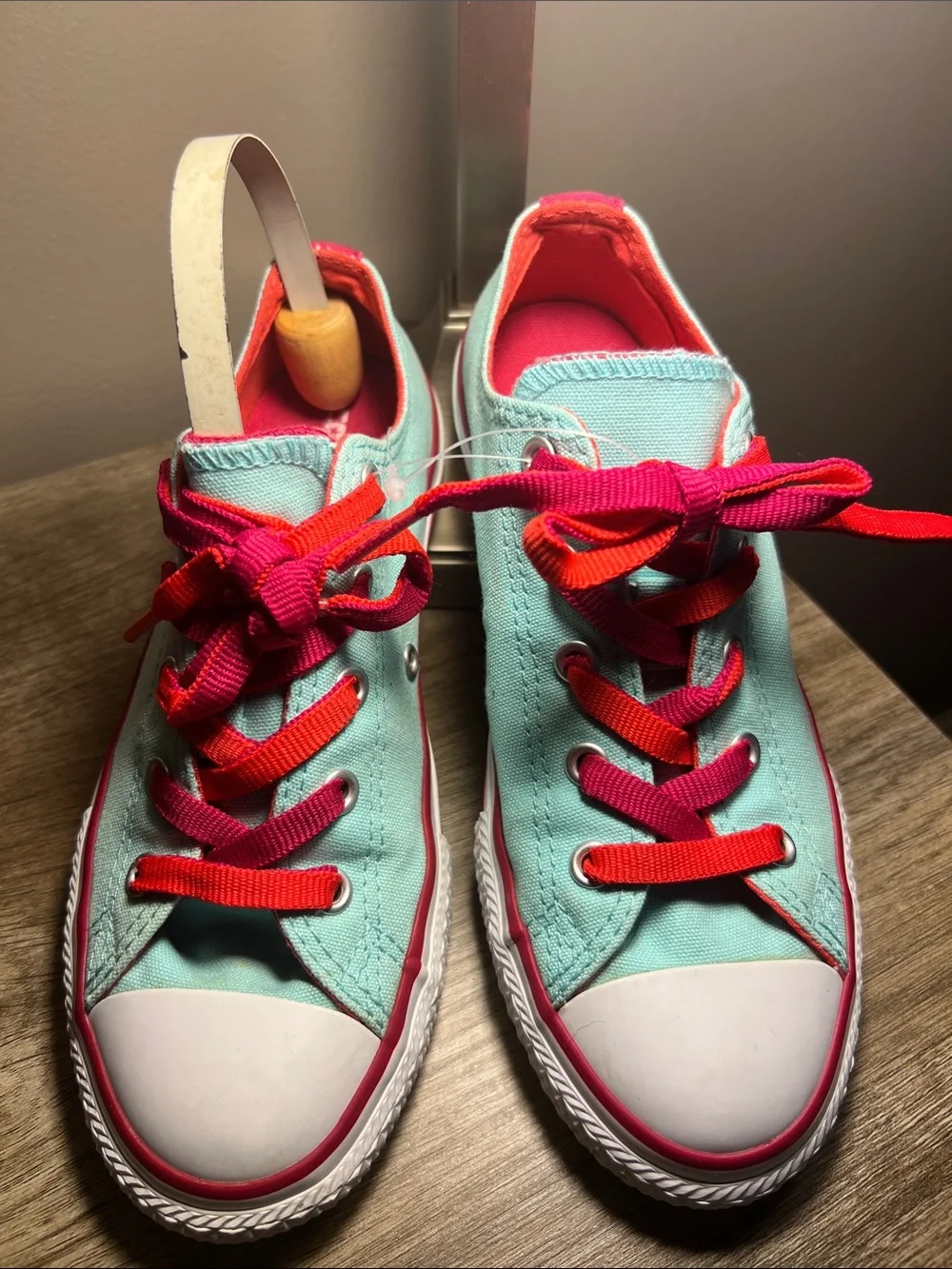 Converse Mint Green Low-Top Sneakers with Pink and Red Laces