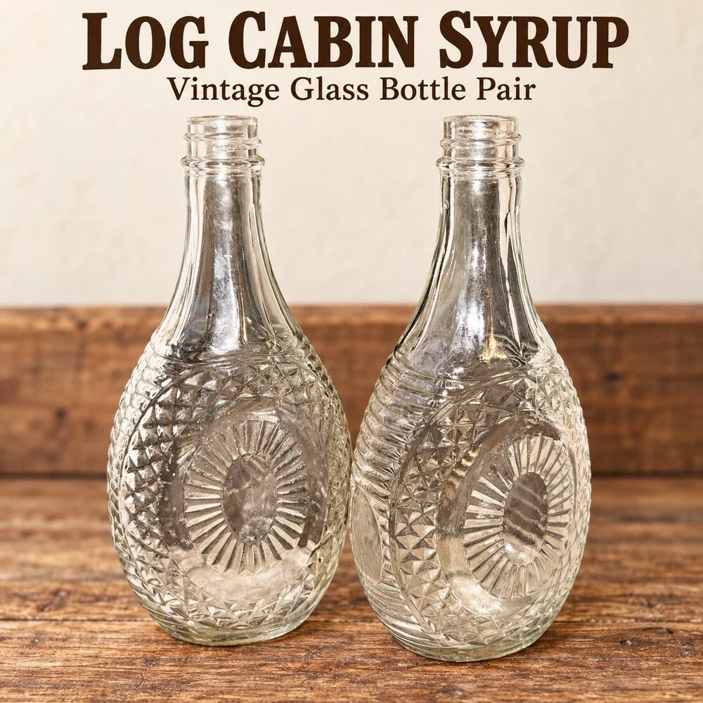 Vintage Log Cabin Syrup Bottles Pair Clear Glass Sunburst Diamond Pattern