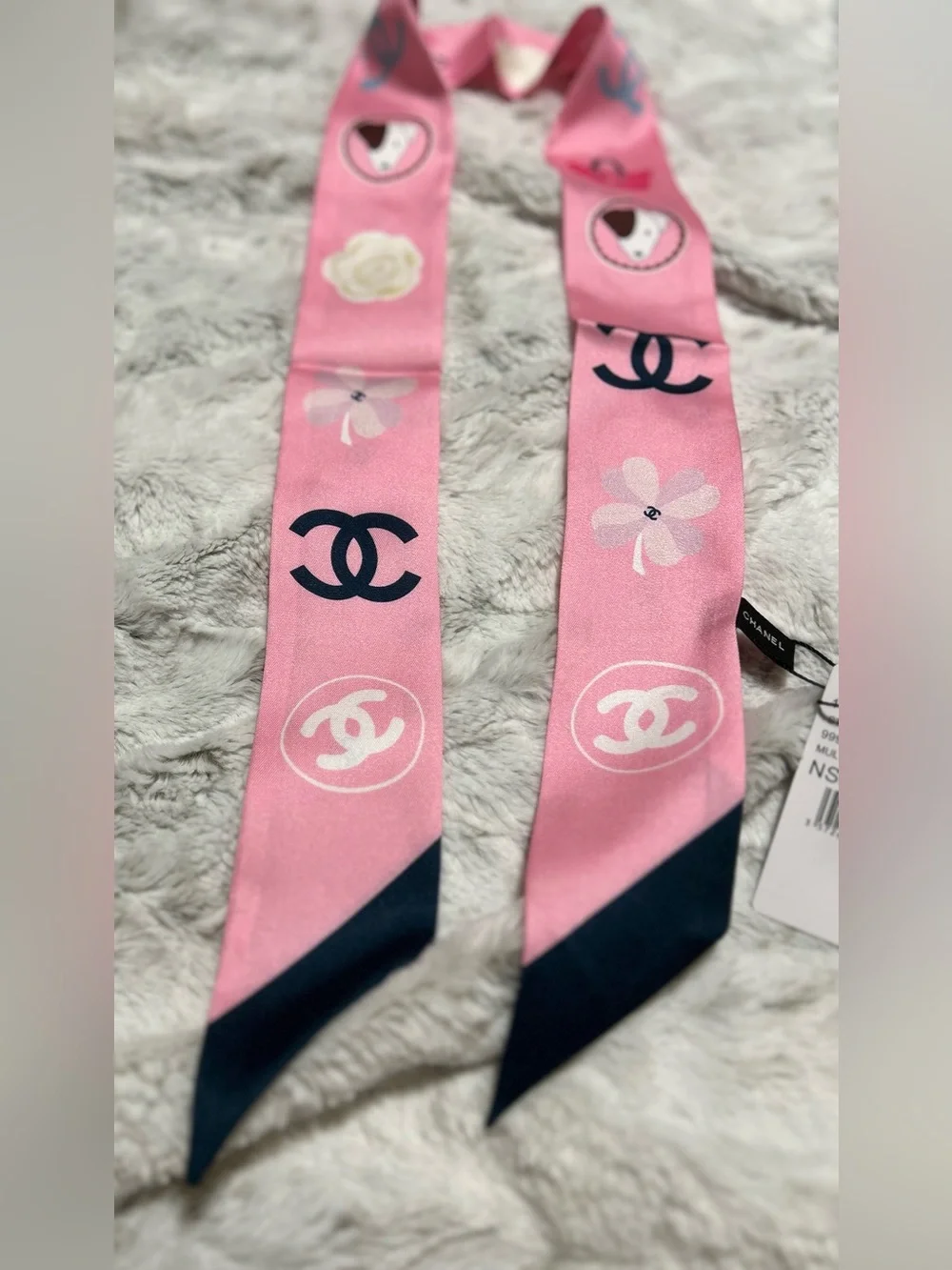 C Pink and Navy Silk Twilly with Motifs